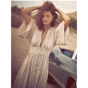 NWOT Free People Modern Kimono Pearl Combo Ivory Lace Up Front Size 4 Maxi